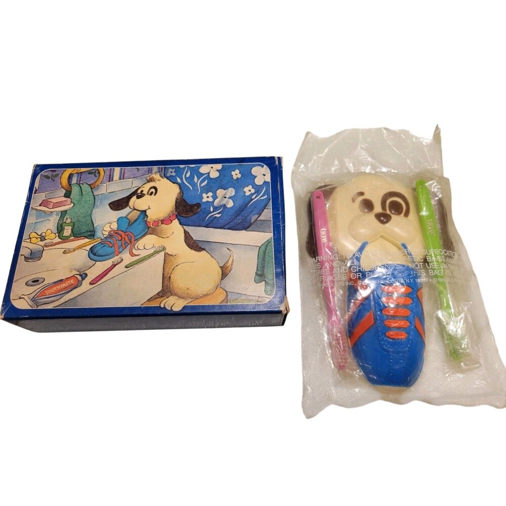 Vintage Avon Playful Pups Toothbrush Holder & Toothbrush Set 1981 New Old Stock
